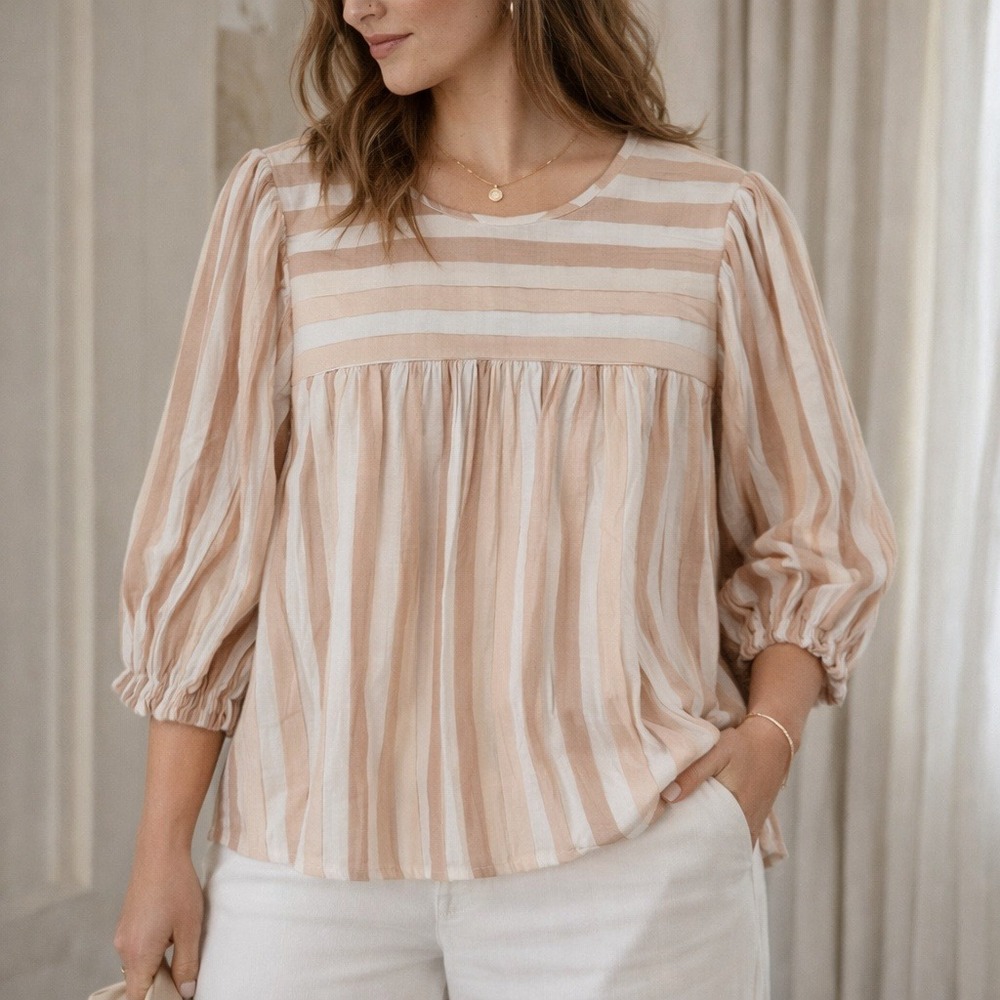 Self Contrast Womens Large Neutral Striped Lurex Puff Sleeve Blouse Boho Top